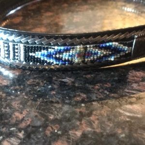 WOMANS BELT , BLACK LEATHER , STERLING SILVER AND GORGEOUS MULTI COLORED BEADS